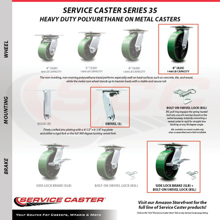 Service Caster 8 Inch Poly on Cast Iron Caster Set with Ball Bearing and Brakes/Swivel Locks SCC-35S820-PUB-GB-SLB-BSL-4
